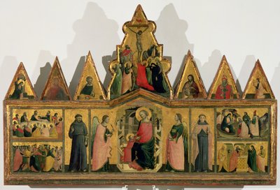 Polyptychon: Zentrales Panel zeigt die Madonna und das Kind auf dem Thron mit Engeln und Heiligen, umgeben von Panels mit Szenen aus dem Leben Christi, dreieckige Giebel zeigen Heilige, Engel und von Giovanni Baronzio da Rimini